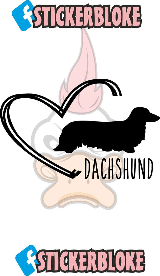 LONG HAIRED DACHSHUND AND HEART STICKER